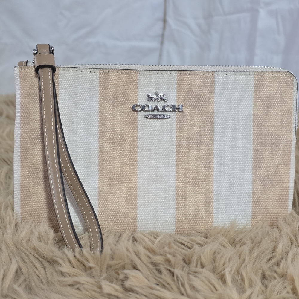 COACH Canvas Striped Wristlet in Cream & Tan
